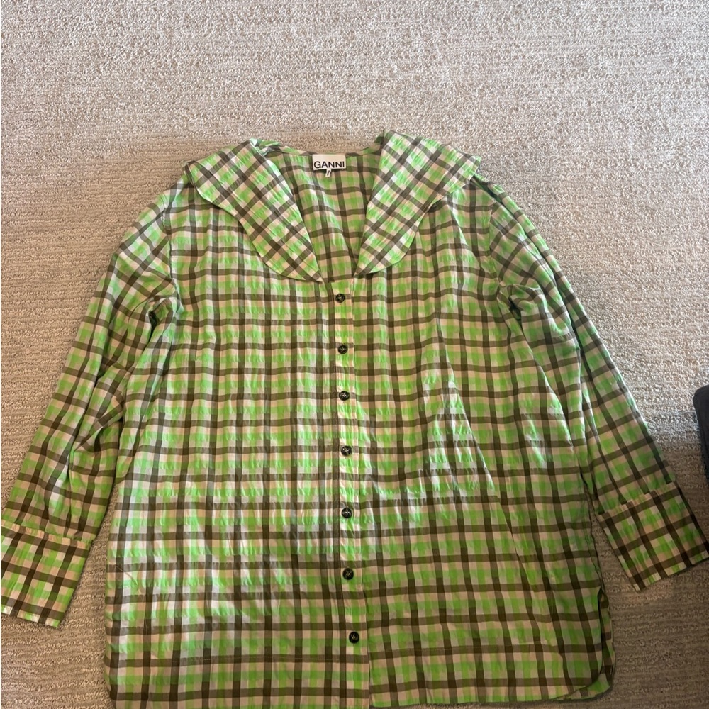 Ganni Lime and Brown Checkered Shirt